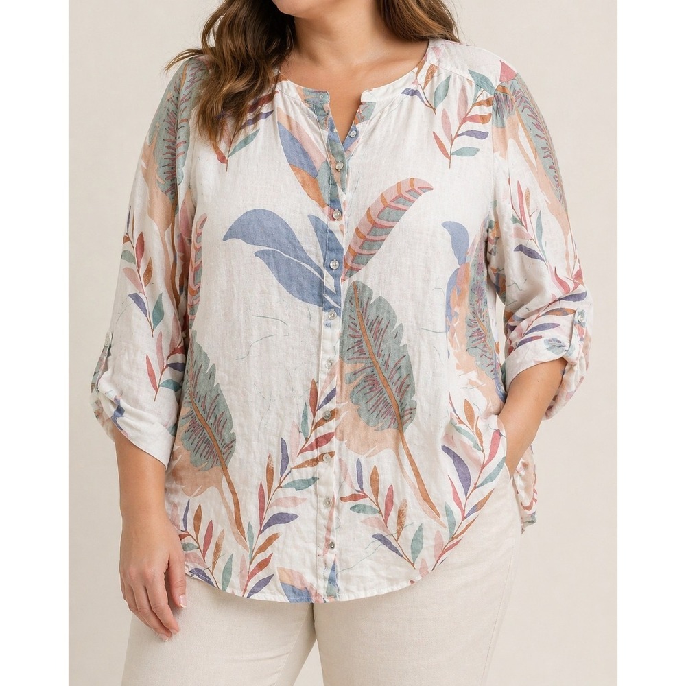 Cynthia Rowley 1X Linen Top Shirt Blouse White Multicolor Plus Size